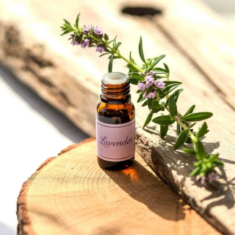 Flesje lavendel etherische olie op een houten plank met verse lavendelbloemen, symbool voor ontspanning, rust en natuurlijke aromatherapie.