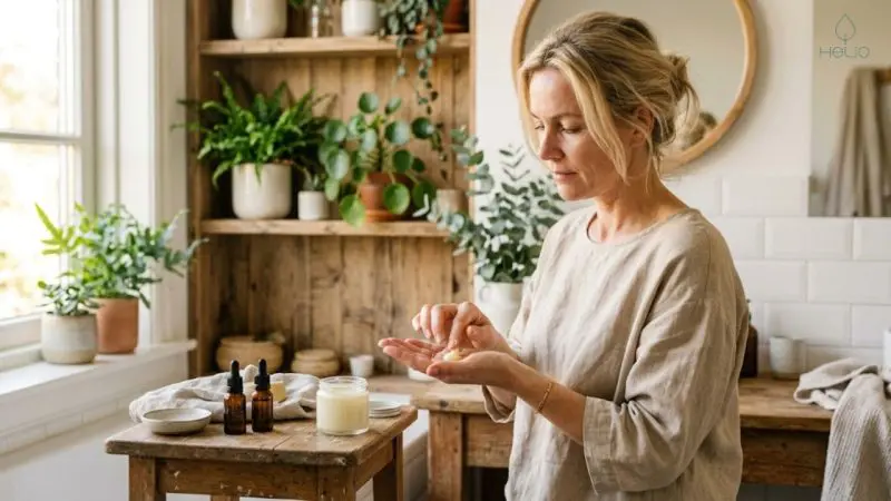 Vrouw mengt MooBalm tallow balm met etherische oliën als natuurlijke gezichtsverzorging